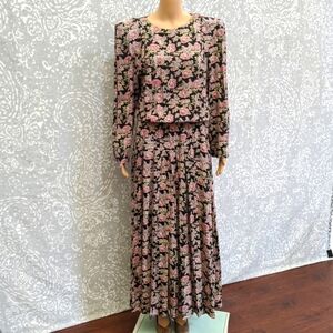 Vintage Black & Pink Floral Prairie Cottagecore Boho Flowy Midi Maxi Dress